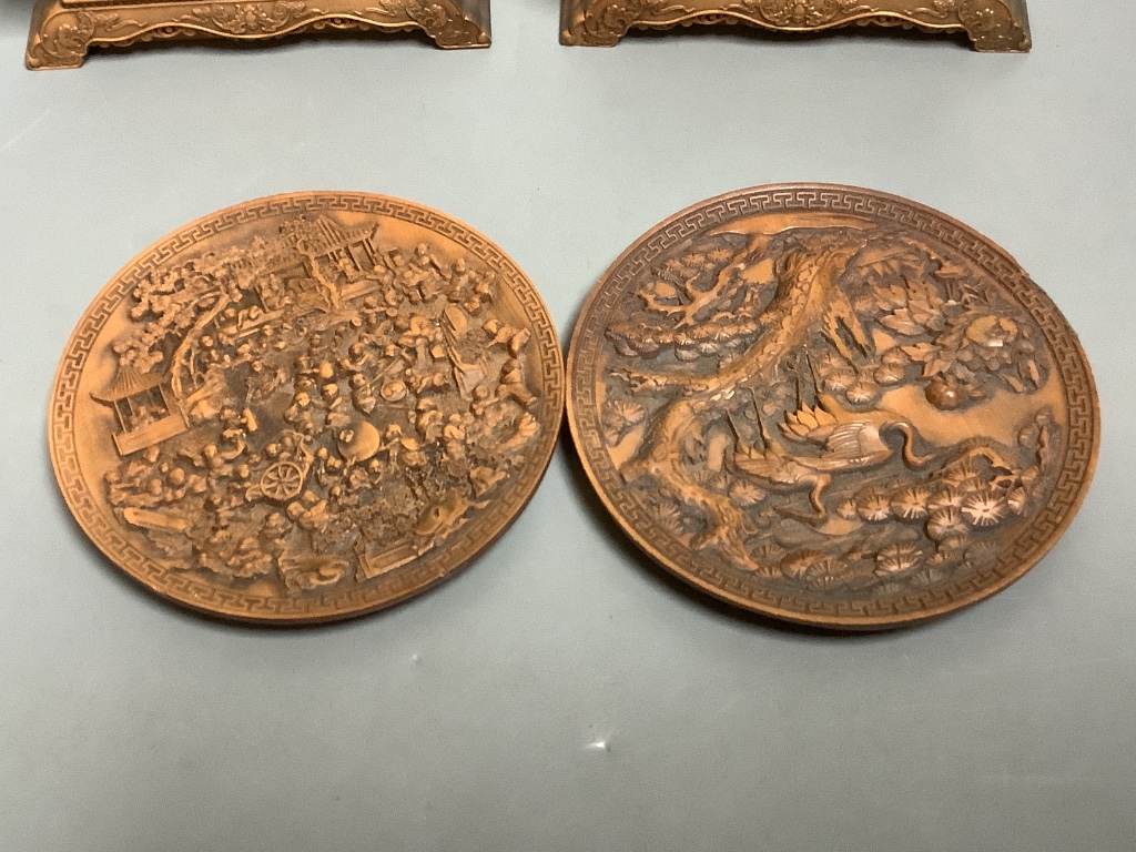 Two miniature Chinese carved wood table screens, carved ebony panel and four Bezique scorers